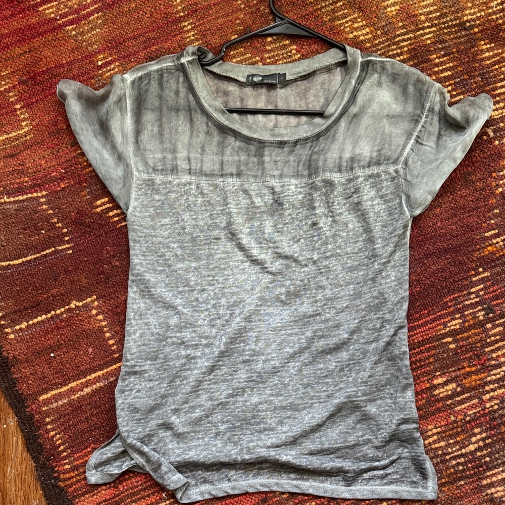 Made in Italy Gray Burnout Tee Top – Sheer Yoke Panel & Short Sleeves (Size S)